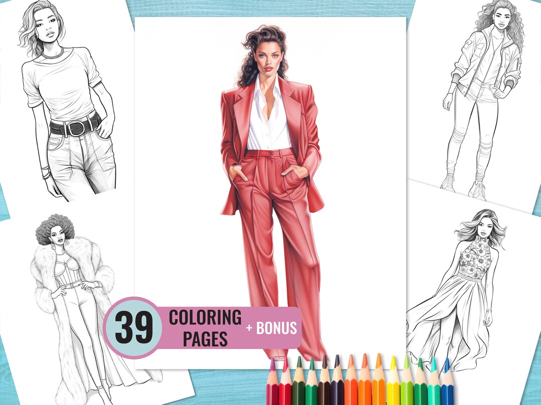 Fashion Women Coloring Pages for Adults, Female Outfits in 90s Coloring