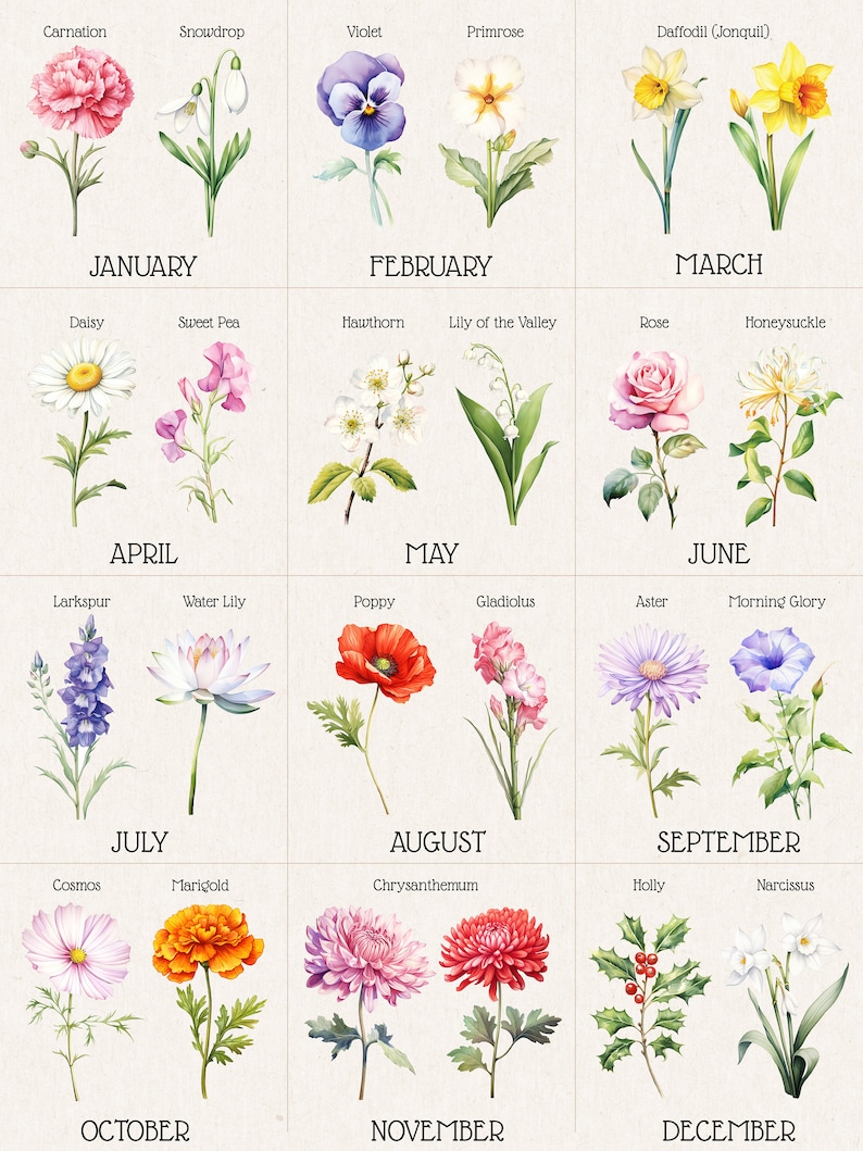 Custom Birth Flower Family Bouquet Print, Printable Birth Month Flower