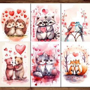 Valentines Day Postcards, 6 Printable Romantic Postcard Digital Download, Love Сards Sheets, Animals Couple ostcards Set