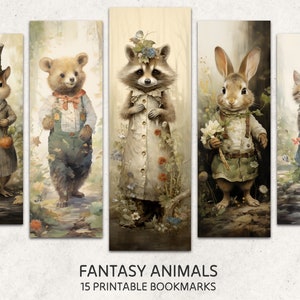Puede incluir: Cinco marcapáginas imprimibles con ilustraciones caprichosas de animales vestidos con ropa. Los animales incluyen una ardilla, un oso, un mapache, un conejo y un gato. Los marcapáginas están sobre un fondo de bosque con árboles verdes y flores.