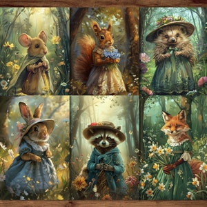 Waldtiere-Postkarten, 6 druckbare Fantasy-Postkarten, digitaler Download, Tiere im Frühlingswald-Postkarten-Set im Beatrix-Potter-Stil