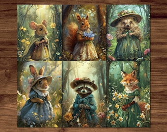 Bosdieren ansichtkaarten, 6 afdrukbare fantasie ansichtkaarten digitale download, dieren in het voorjaar bos ansichtkaarten set Beatrix Potter stijl