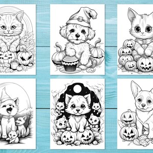 K&ouml;nnte beinhalten: Sechs Schwarzwei&szlig;-Malvorlagen mit niedlichen Comic-Tieren in Halloween-Kost&uuml;men. Die Tiere umfassen eine Katze, einen Hund und einen Chihuahua. Die Bilder sind von K&uuml;rbissen und anderen Halloween-Dekorationen umgeben.