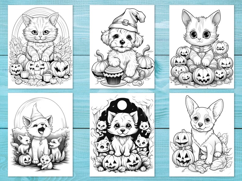 K&ouml;nnte beinhalten: Sechs Schwarzwei&szlig;-Malvorlagen mit niedlichen Comic-Tieren in Halloween-Kost&uuml;men. Die Tiere umfassen eine Katze, einen Hund und einen Chihuahua. Die Bilder sind von K&uuml;rbissen und anderen Halloween-Dekorationen umgeben.