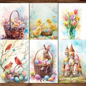Postales de Pascua, 6 Tarjetas de Felicitación Descarga Digital, Hojas de Postales de Conejo de Pascua, Conjunto de Tarjetas Imprimibles
