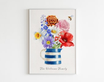 Ramo familiar de flores de nacimiento, descarga digital, imprimible, personalizado, ramo de acuarela de flores del mes de nacimiento, regalo personalizado para mamá
