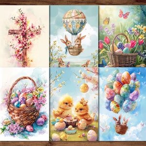 Oster-Grußkarten, 6 druckbare Postkarten, digitaler Download, Grußkarten im Aquarell-Stil, Osterhasen-Postkarten-Set