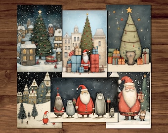 Funny Christmas Postcards, 6 Printable Winter Postcard Digital Download, Holiday Christmas Postcards Set