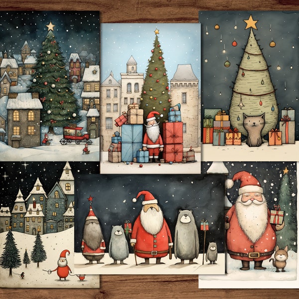 Funny Christmas Postcards, 6 Printable Winter Postcard Digital Download, Holiday Christmas Postcards Set