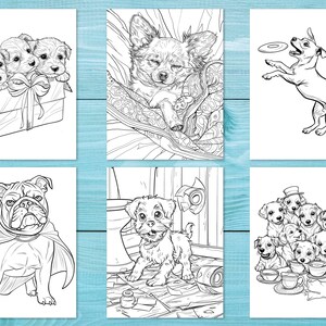 Pode incluir: Seis desenhos em preto e branco de c&atilde;es em v&aacute;rias poses. A primeira imagem mostra tr&ecirc;s filhotes em uma caixa com um la&ccedil;o. A segunda imagem mostra um c&atilde;o dormindo em um cobertor estampado. A terceira imagem mostra um c&atilde;o pegando um frisbee. A quarta imagem mostra um bulldog vestindo uma capa. A quinta imagem mostra um filhote em p&eacute; em um peda&ccedil;o de papel. A sexta imagem mostra um grupo de filhotes sentados ao redor de uma mesa com x&iacute;caras de ch&aacute;.