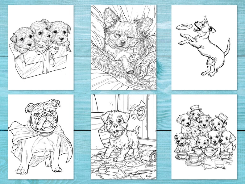 Pode incluir: Seis desenhos em preto e branco de c&atilde;es em v&aacute;rias poses. A primeira imagem mostra tr&ecirc;s filhotes em uma caixa com um la&ccedil;o. A segunda imagem mostra um c&atilde;o dormindo em um cobertor estampado. A terceira imagem mostra um c&atilde;o pegando um frisbee. A quarta imagem mostra um bulldog vestindo uma capa. A quinta imagem mostra um filhote em p&eacute; em um peda&ccedil;o de papel. A sexta imagem mostra um grupo de filhotes sentados ao redor de uma mesa com x&iacute;caras de ch&aacute;.