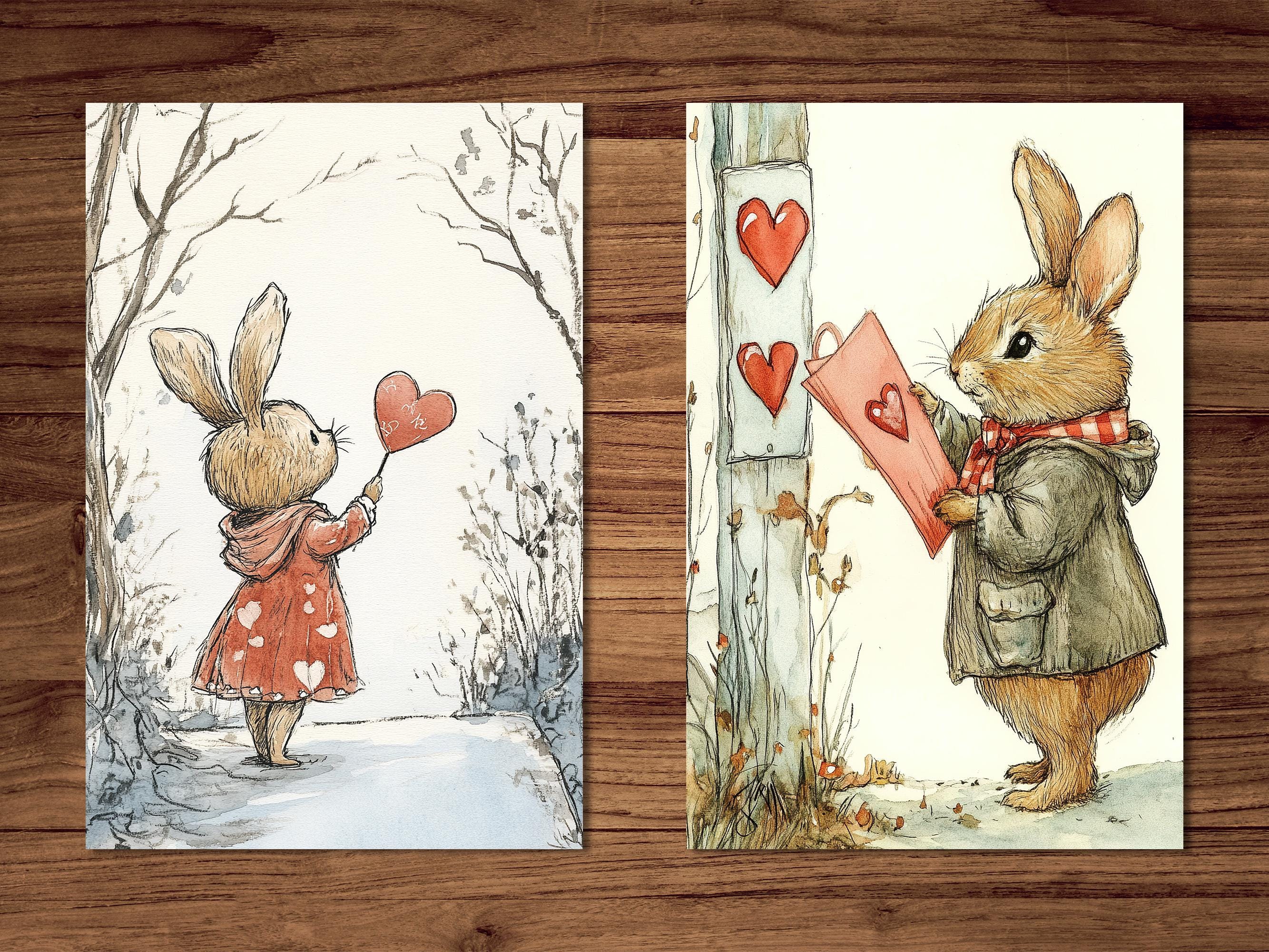 Rabbit Postcards, 6 Printable Love Postcard Digital Download, Romantic ...
