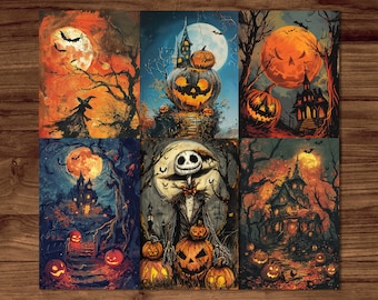 Halloween Postcards, 6 Printable Spooky Postcard Digital Download, Holiday Postcards Sheets, Watercolor Style Postcards Set