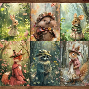 Waldtiere-Postkarten, 6 druckbare Feen-Postkarten, digitaler Download, Tiere im Sommerwald-Postkarten-Set im Beatrix-Potter-Stil