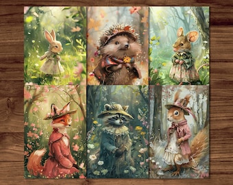Postales de animales del bosque, 6 postales de hadas imprimibles Descarga digital, Postales de animales en el bosque de verano Set Estilo Beatrix Potter