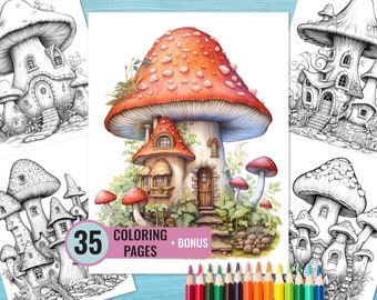 Mushroom Houses Coloring Book, 35 Printable Fantasy Homes Coloring Pages for Kids and Adults, Fungi House Coloring Page, Instant Download