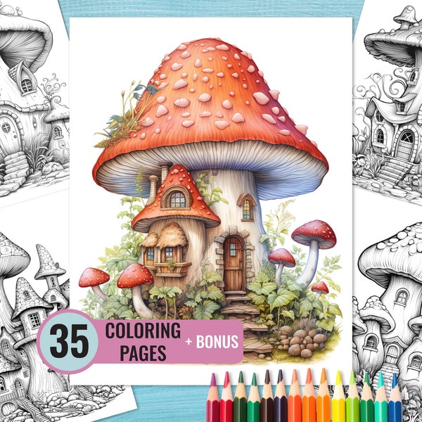 Pilzhäuser-Malbuch, 35 druckbare Fantasy-Häuser-Malvorlagen für Kinder und Erwachsene, Pilzhaus-Malseite, sofortiger Download