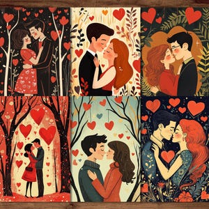 Verliebte Paar-Postkarten, 6 druckbare romantische Postkarten, digitaler Download, romantische Kartenbögen, Valentinstag-Postkarten-Set