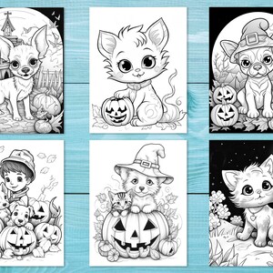 K&ouml;nnte beinhalten: Ein Set mit sechs Schwarzwei&szlig;-Malvorlagen mit niedlichen Tieren, die sich f&uuml;r Halloween verkleidet haben. Zu den Tieren geh&ouml;ren ein Chihuahua, eine Katze, ein Hund und ein K&auml;tzchen. Jede Seite zeigt einen K&uuml;rbis und andere Halloween-Dekorationen.
