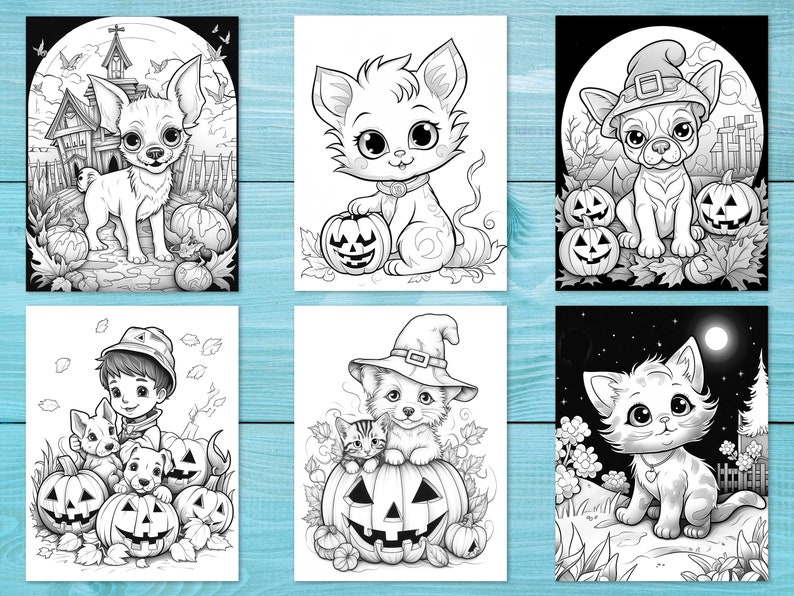 K&ouml;nnte beinhalten: Ein Set mit sechs Schwarzwei&szlig;-Malvorlagen mit niedlichen Tieren, die sich f&uuml;r Halloween verkleidet haben. Zu den Tieren geh&ouml;ren ein Chihuahua, eine Katze, ein Hund und ein K&auml;tzchen. Jede Seite zeigt einen K&uuml;rbis und andere Halloween-Dekorationen.
