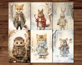 Winter Animals Postcards, 6 Printable Fantasy Postcard Digital Download, Christmas Animals Postcards Furry Art Postcard