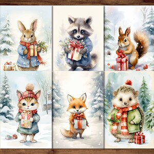 Postales de animales de Navidad, 6 postales imprimibles Descarga digital, Animales lindos en postales del bosque de invierno Set estilo acuarela