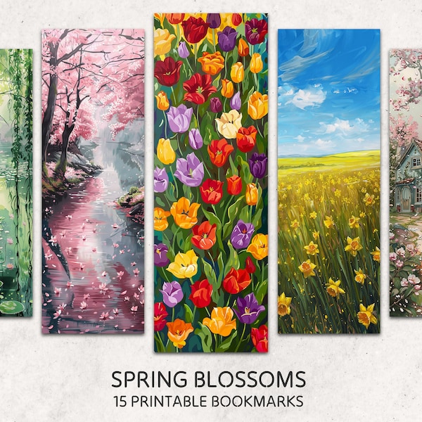 Spring Blossoms Bookmarks 15 Printable Floral Bookmarks Digital Download Blooming Flowers Gouache Style Bookmark Sheets