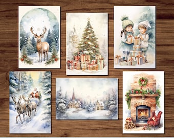 Vintage Weihnachtspostkarten, 6 druckbare Winterpostkarten, digitaler Download, Postkartenbögen im 80er-Jahre-Stil, Retro-Weihnachtspostkarten-Set
