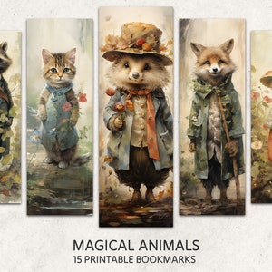 Puede incluir: Conjunto de cinco marcapáginas imprimibles con ilustraciones caprichosas de animales vestidos con ropa. Los animales incluyen un mapache, un gato, un erizo, un zorro y un ratón. Los marcapáginas están diseñados en un estilo vintage con texturas y colores como de acuarela.