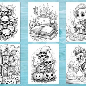 Puede incluir: Seis ilustraciones en blanco y negro con temas de Halloween. Las ilustraciones incluyen una pila de cr&aacute;neos, un caldero de bruja, una casa encantada, un esqueleto con una calabaza, un personaje espeluznante tomando el t&eacute; y un cient&iacute;fico loco.