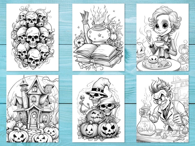 Puede incluir: Seis ilustraciones en blanco y negro con temas de Halloween. Las ilustraciones incluyen una pila de cr&aacute;neos, un caldero de bruja, una casa encantada, un esqueleto con una calabaza, un personaje espeluznante tomando el t&eacute; y un cient&iacute;fico loco.