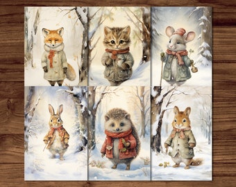 Weihnachts-Tier-Postkarten, 6 druckbare Fantasy-Postkarten, digitaler Download, Winter-Tier-Postkarten-Set im Beatrix-Potter-Stil