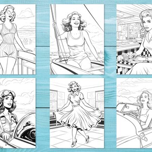 Peut inclure: Une collection de six illustrations en noir et blanc mettant en sc&egrave;ne des femmes dans diff&eacute;rents contextes. La premi&egrave;re image montre une femme debout sur un balcon surplombant une plage. La deuxi&egrave;me image montre une femme assise dans un bateau. La troisi&egrave;me image montre une femme assise &agrave; une table dans un restaurant. La quatri&egrave;me image montre une femme conduisant une voiture. La cinqui&egrave;me image montre une femme dansant dans une pi&egrave;ce. La sixi&egrave;me image montre une femme conduisant une voiture d&eacute;capotable.