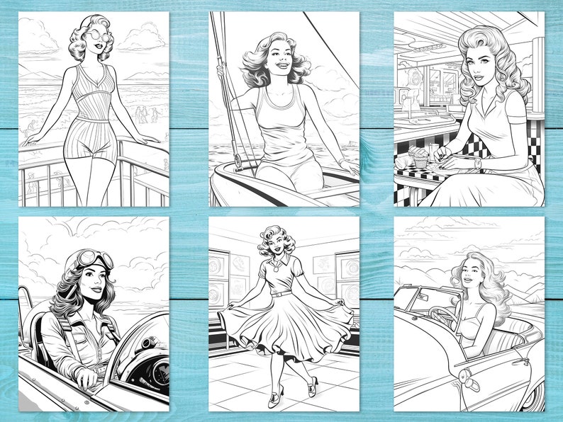 Peut inclure: Une collection de six illustrations en noir et blanc mettant en sc&egrave;ne des femmes dans diff&eacute;rents contextes. La premi&egrave;re image montre une femme debout sur un balcon surplombant une plage. La deuxi&egrave;me image montre une femme assise dans un bateau. La troisi&egrave;me image montre une femme assise &agrave; une table dans un restaurant. La quatri&egrave;me image montre une femme conduisant une voiture. La cinqui&egrave;me image montre une femme dansant dans une pi&egrave;ce. La sixi&egrave;me image montre une femme conduisant une voiture d&eacute;capotable.