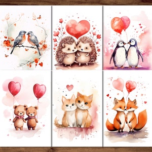 Verliebte Tiere-Postkarten, 6 druckbare romantische Postkarten, digitaler Download, Liebeskartenbögen, Valentinstag-Postkarten-Set
