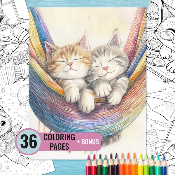 Cute Cats Coloring Book, 36 Printable Funny Pages for Adults and Kids, Funny Cats Coloring Page, Instant Download