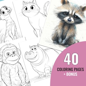 Malbuch mit Cartoon-Tieren, 40 druckbare Seiten für Kinder, Malseite mit süßen Tieren, Sofortiger Download