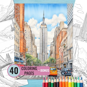 May include: A colouring book with 40 pages featuring black and white illustrations of cityscapes, bridges, and mountains. The cover shows a detailed drawing of a street in New York City with the Empire State Building in the background.