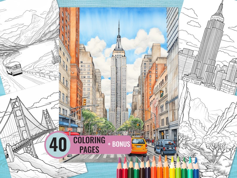 May include: A colouring book with 40 pages featuring black and white illustrations of cityscapes, bridges, and mountains. The cover shows a detailed drawing of a street in New York City with the Empire State Building in the background.