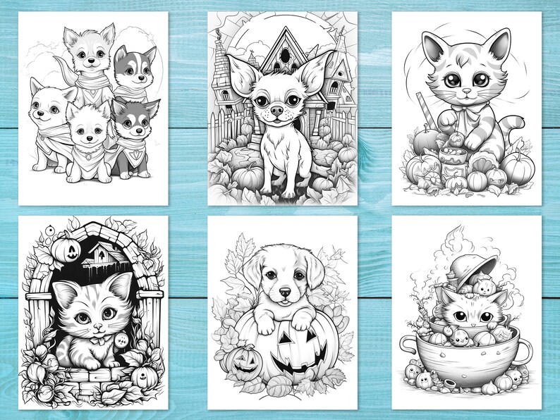 K&ouml;nnte beinhalten: Ein Set mit sechs Schwarzwei&szlig;-Malvorlagen mit niedlichen Tieren, die sich f&uuml;r Halloween verkleidet haben. Zu den Tieren geh&ouml;ren eine Katze, ein Hund und ein Chihuahua. Die Bilder sind vor einem Hintergrund aus K&uuml;rbissen, Bl&auml;ttern und anderen Halloween-Dekorationen angeordnet.