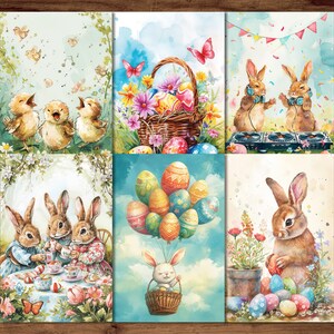 Cartoline di Pasqua, 6 biglietti d'auguri stampabili Download digitale, fogli di cartoline stile acquerello, set di cartoline coniglietto pasquale