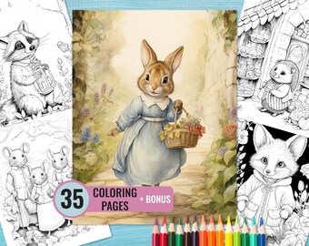 Malbuch Waldtiere, 35 ausdruckbare Feenseiten für Erwachsene und Kinder, Malseite im Beatrix Potter Stil, Sofortiger Download