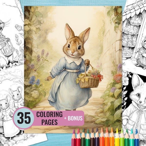 Libro para colorear de animales del bosque, 35 páginas de hadas imprimibles para adultos y niños, página para colorear estilo Beatrix Potter, descarga instantánea