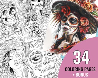 Chicano Art Coloring Book, 34 Printable Grayscale Pages for Adult, Mexican Female Art Coloring Pages, Instant Download