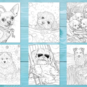 Pode incluir: Um conjunto de seis p&aacute;ginas para colorir em preto e branco com diferentes ra&ccedil;as de c&atilde;es. Os c&atilde;es s&atilde;o representados em v&aacute;rias poses e ambientes, incluindo um chihuahua em uma bolsa, um shih tzu em um banho de bolhas, um pomeranian na neve, um shih tzu em uma espregui&ccedil;adeira, um border collie em um lago e um grupo de filhotes comendo de um prato.