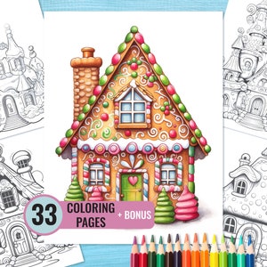 Christmas Dessert Houses Coloring Book, 33 Printable Gingerbread Cookie House Coloring Pages for Kids and Adults, Instant Download