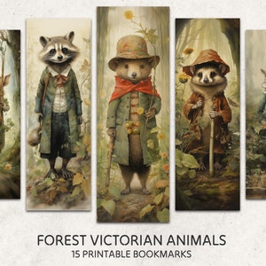 Puede incluir: Cinco marcapáginas imprimibles con ilustraciones caprichosas de animales del bosque vestidos con ropa victoriana. Los animales incluyen un mapache, un tejón, un zorro, un cerdo y un mapache. Las ilustraciones se sitúan sobre un fondo de exuberante vegetación y escenas de bosque.