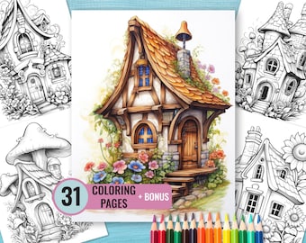 Flower Houses Coloring Book, 31 Printable Blooming Homes Coloring Pages for Kids and Adults, Fairy House Coloring Page, Instant Download