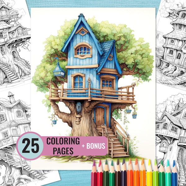 Une maison sur un livre de coloriage d’arbre, 25 pages de coloriage de maisons d’arbres imprimables pour enfants et adultes, page de coloriage de maisons forestières, téléchargement instantané