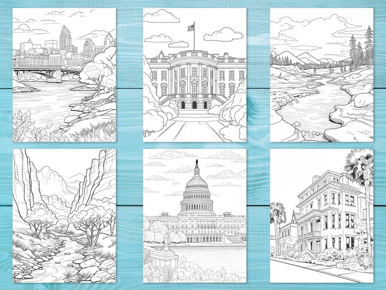 May include: A colouring book featuring six black and white illustrations of different American landmarks, including a cityscape, the White House, a river scene, a canyon, the Capitol Building, and a historic building.